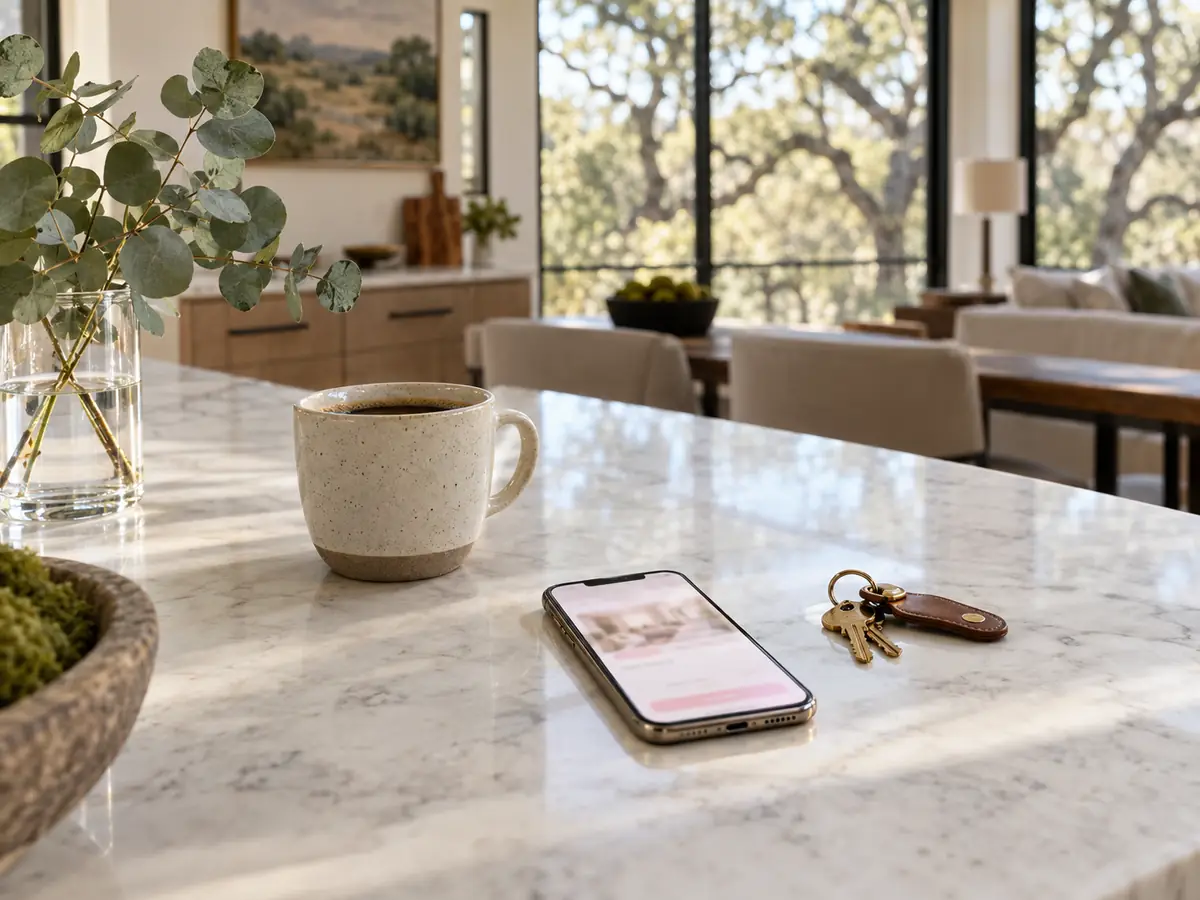 Phone, coffee and house keys on a marble kitchen island in a West Lake Hills home, ready to book a cleaning