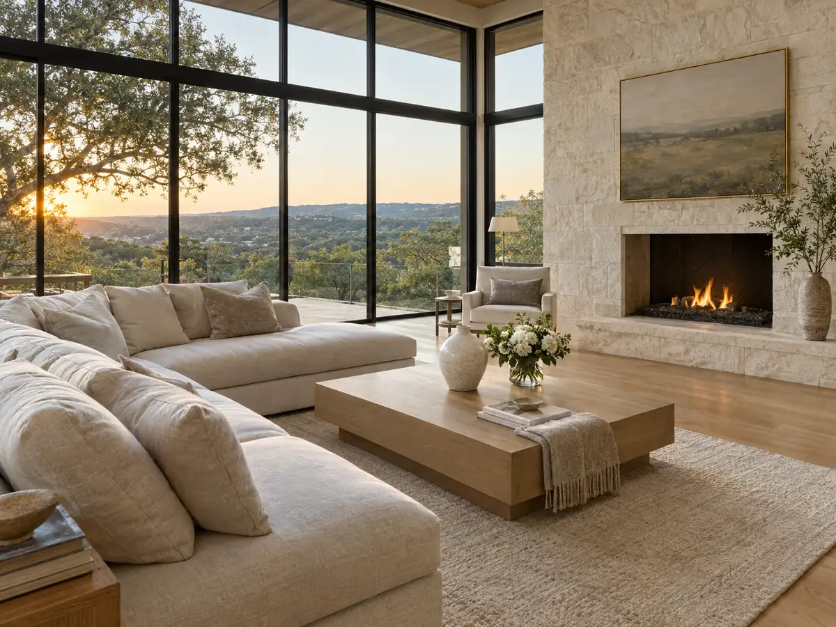 Immaculate living room in a West Lake Hills home at golden hour after a Shiny Maids cleaning
